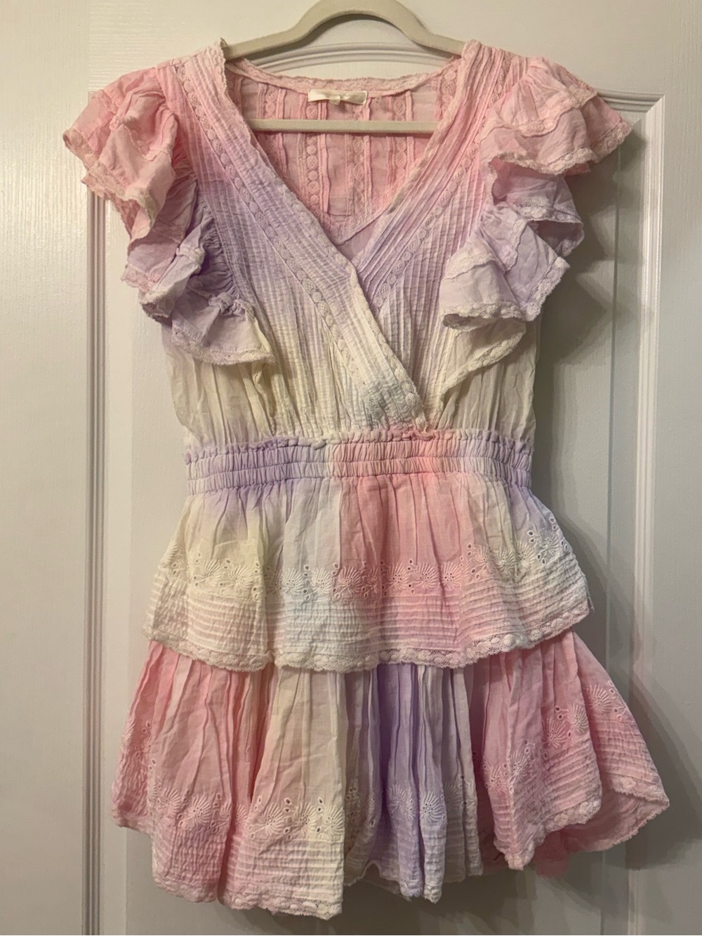 LoveShackFancy Pastel Pink & Lavender Tiered Ruffle Dress